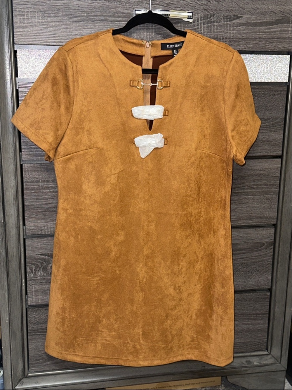 Ellen Tracy Camel Suede-Look Mini Dress with Hook Details